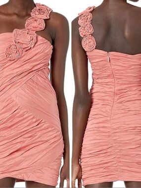 BCBGMaxAzria Coral-Pink One-Shoulder Ruched Mini Dress with Floral Strap